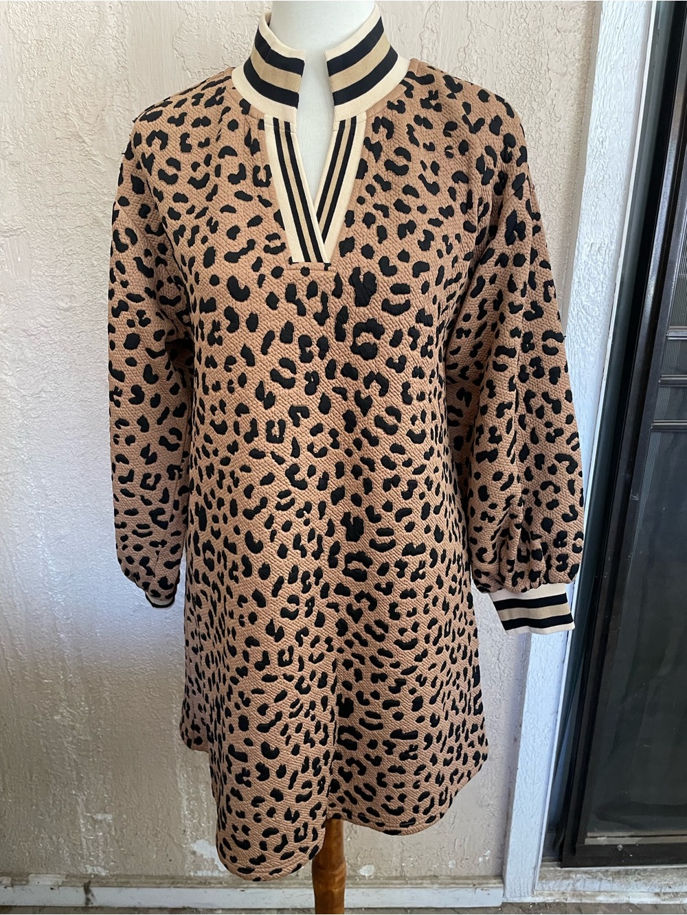 Jodifl Leopard Print Dress with Striped Collar and Cuffs - Tan/Black